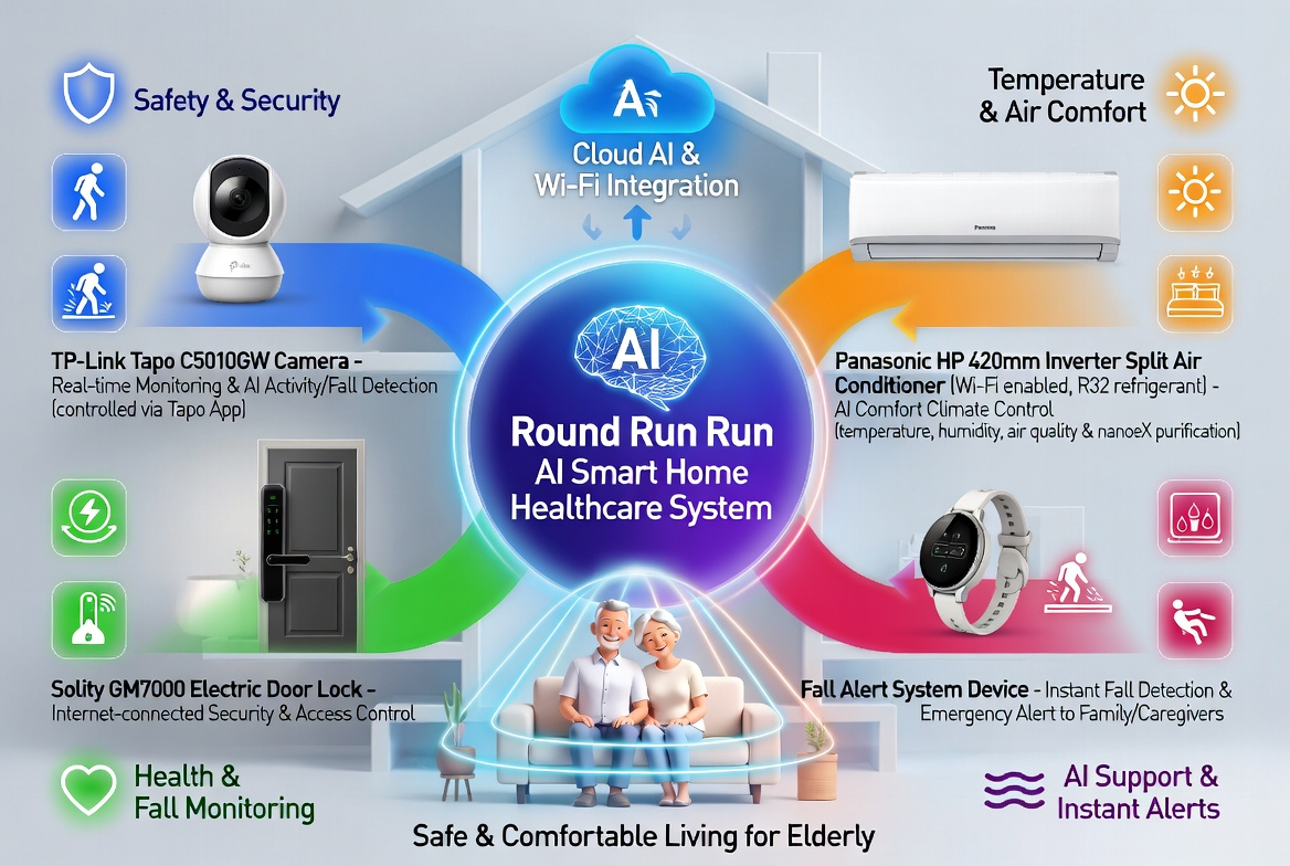 Concept illustration of a future RoundRunRun AI smart-home healthcare system